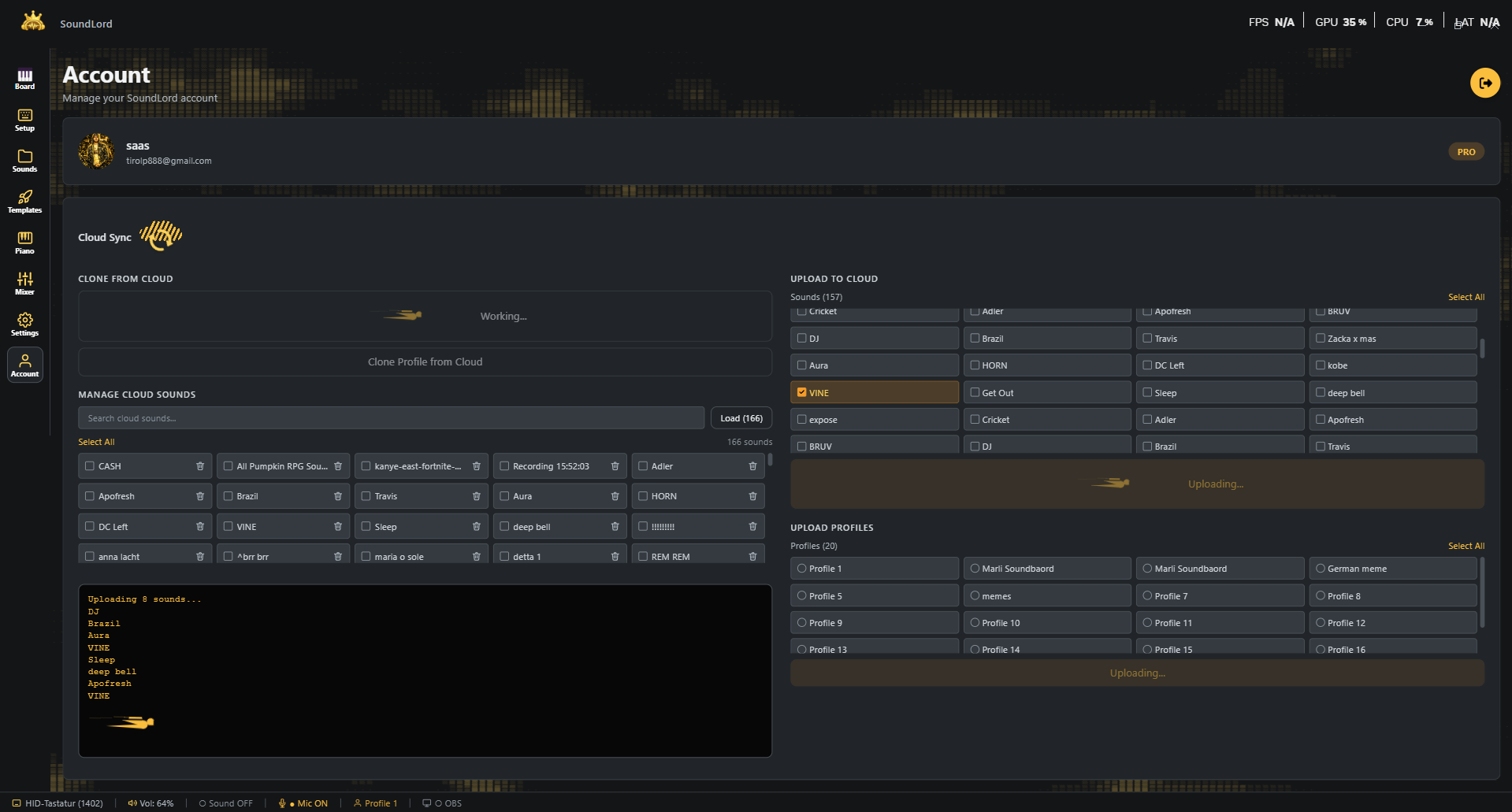 SoundLord Konto-Tab mit Cloud-Sync