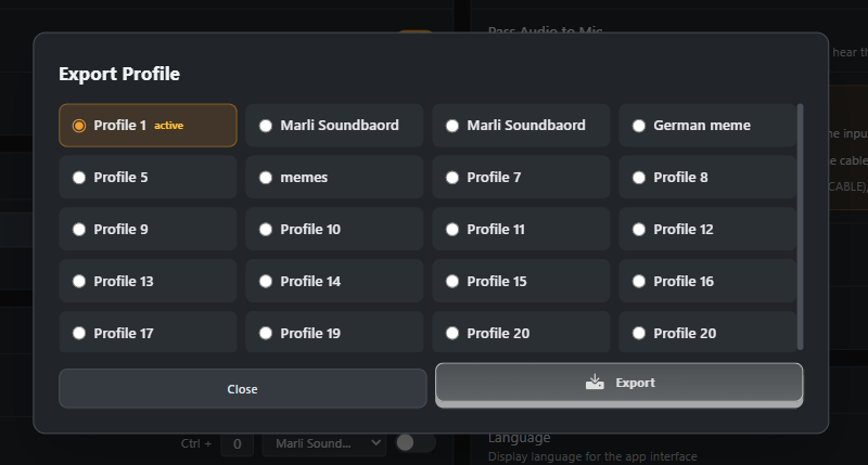 Popup für den Profil-Export